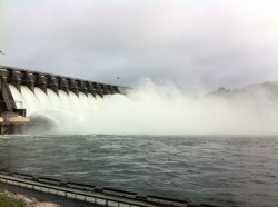 Corps of Engineers opens Lake Hartwell Dam spillways this morning to bring lake level down from flood stage.