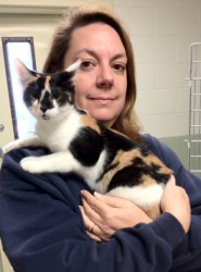 NEGAS Shelter Director Sheri Lockhart holds a calico cat taken from a hoarding situation in Toccoa.