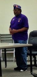 Ferris Johnson outlines the Purple Heart mission to County Commissioners Monday night