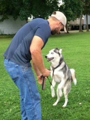 After three years, Dakota leaps for joy at the sight of his real owner.