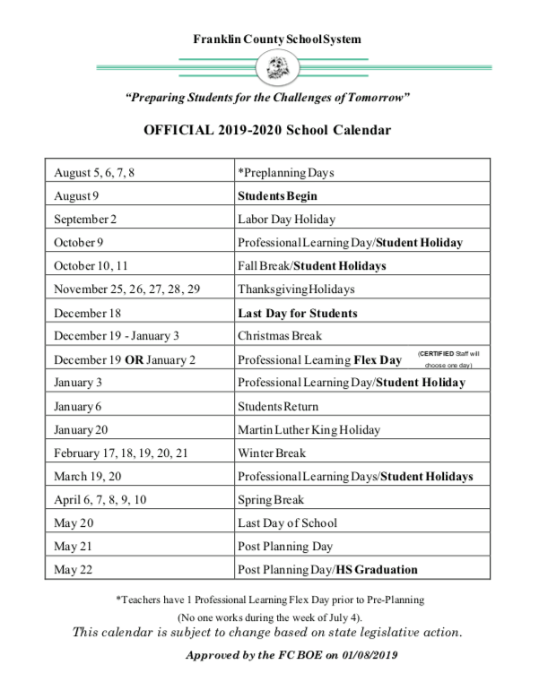 Franklin County Schools release school calendar for 2019 2020 92 1 WLHR